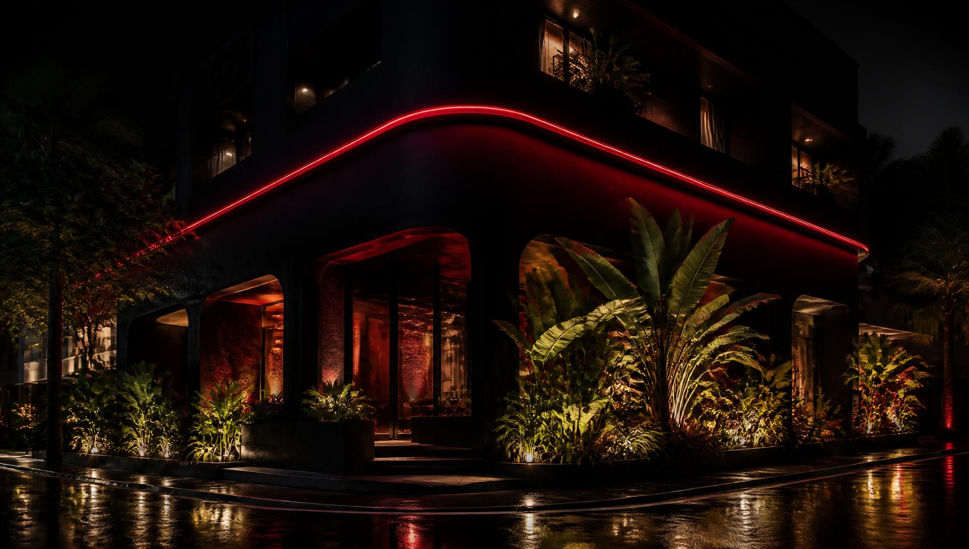 Fachada iluminada de noche del hotel Click Clack Medellín en El Poblado