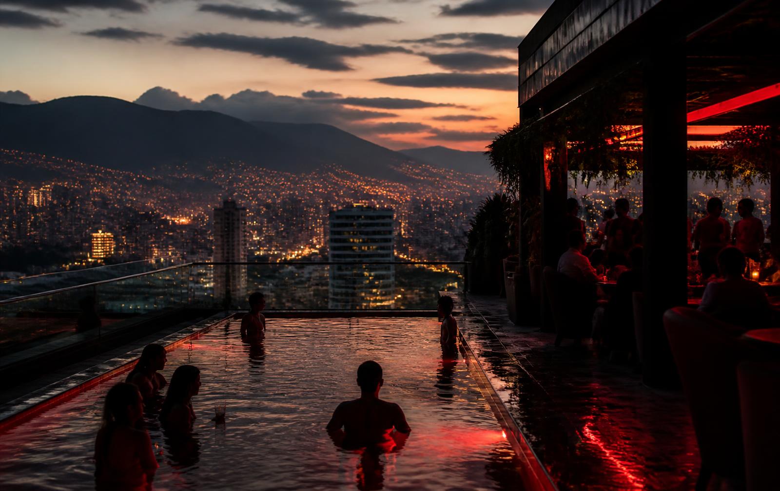 Rooftop del hotel con piscina climatizada y vista al valle de Aburrá al atardecer